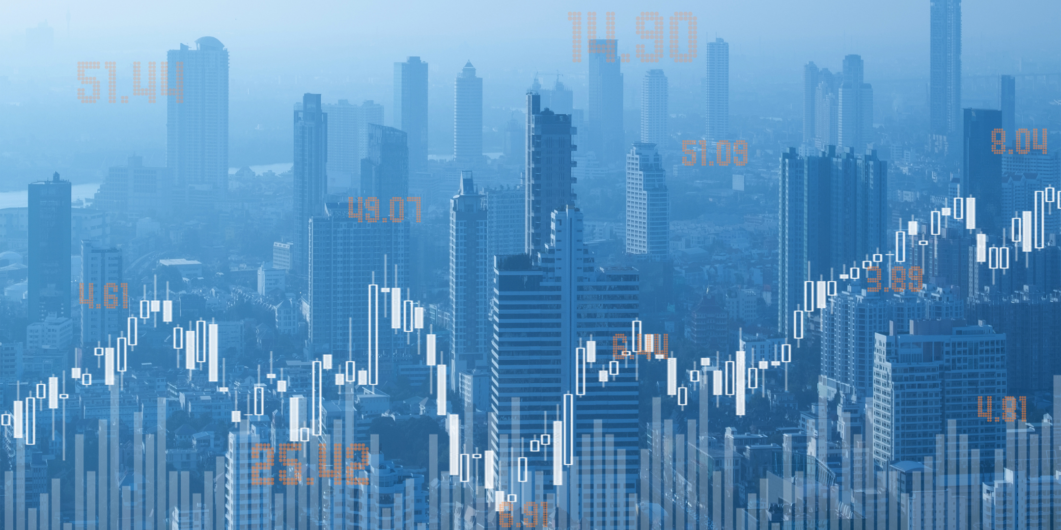 Skyline of office buildings with superimposed numbers
