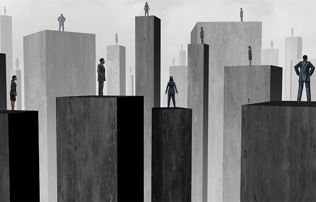 An illustration of people standing on pillars of different heights.