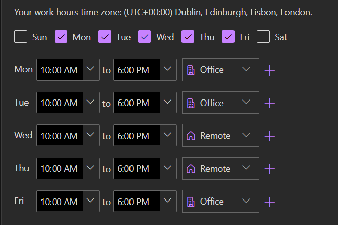 Screenshot of the Outlook calendar work location setting