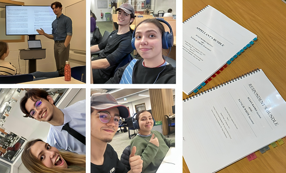 A photo collage of Erwan Morvan and Anna Tikhomirova preparing for moot competition