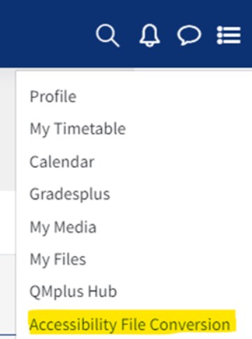 A screenshot from QMplus with the dropdown menu visible when the profile Icon has been selected and Brickfield conversion option highlighted.