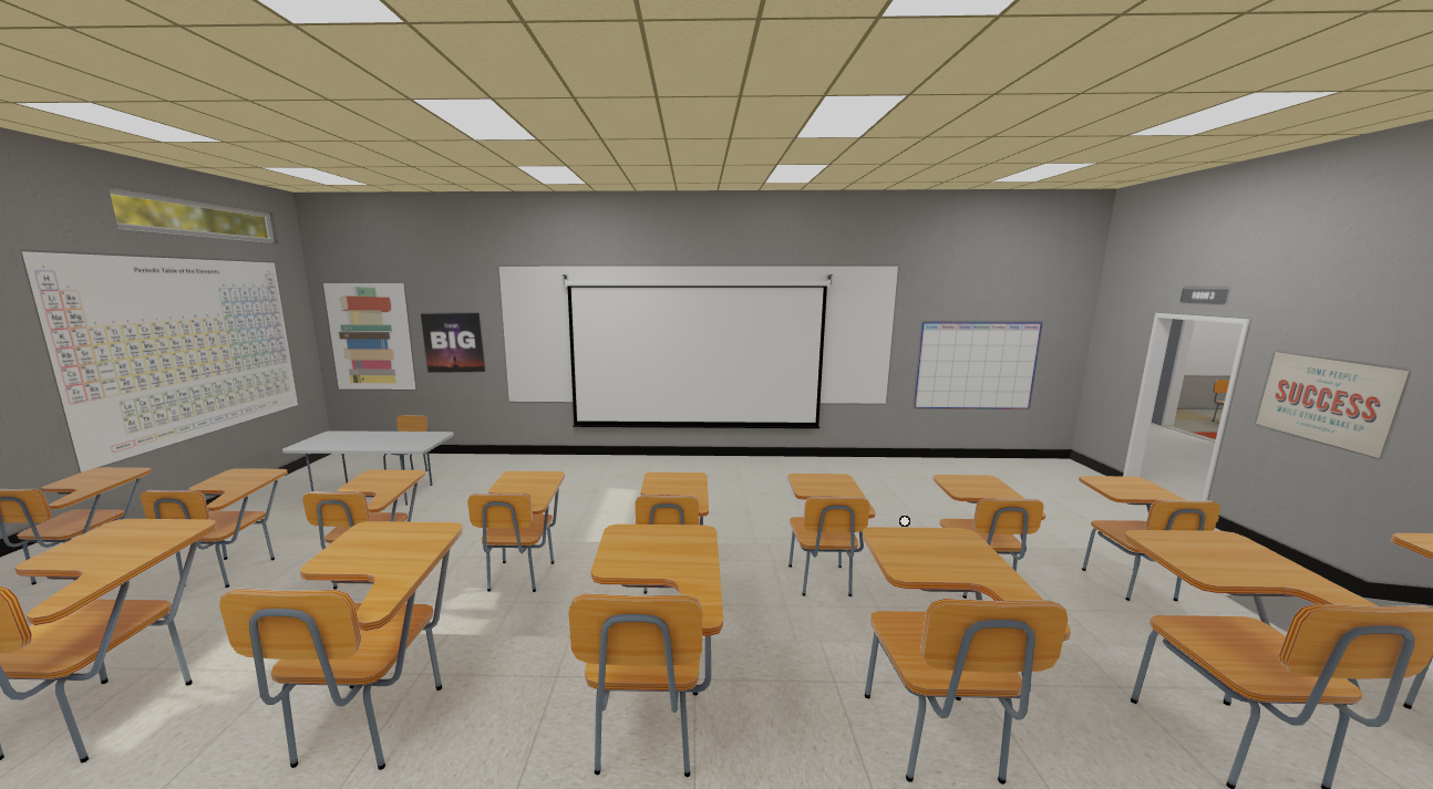 Mozilla classroom in a virtual environment. There are desks and a whiteboard.