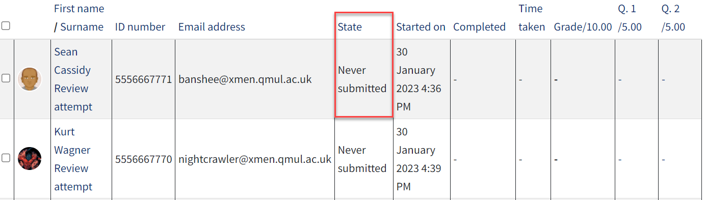 Screenshot of Quiz response that has not been submitted.